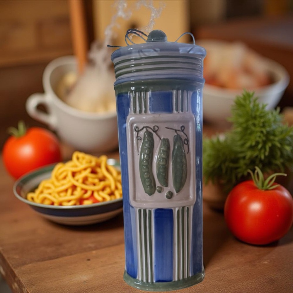 Ceramic Pasta Keeper Container & Lid, with Peas in a Pod Embossed, 13-1/2” Tall